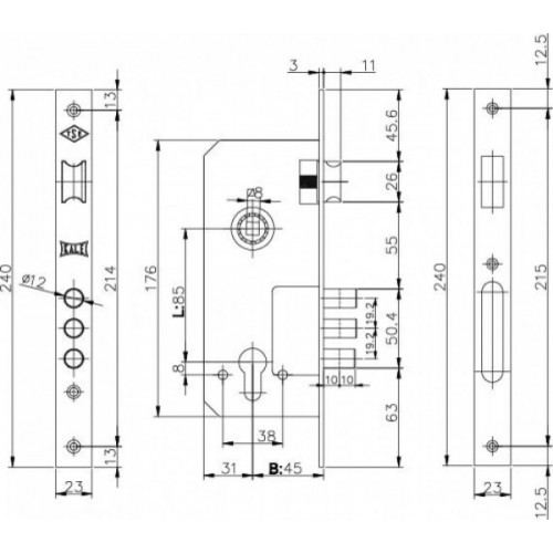 KALE Корпус замка врезного цилиндрового 152/3MR (45 mm) w/b (никель)