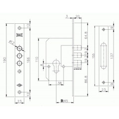 KALE Корпус замка врезного цилиндрового 189/3M (45 mm) w/b (латунь)