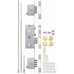 Корпус замка врезного двухцилиндрового 256 w/b с девиаторами, тягами и броней в комплекте Никель