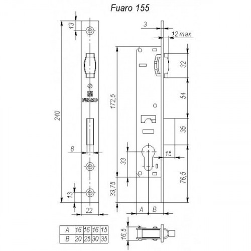 Корпус узкопрофильного замка с роликом 155-25 CP Хром